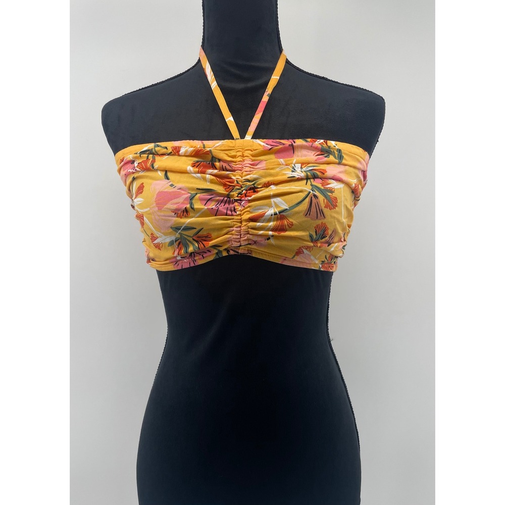 Roxy Halter Tube Top Womens XS Yellow Floral Ruched Smocked Coastal Surf Resort